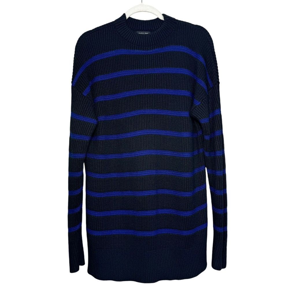 Zara Man Sweater Large‎ Wool Blend Striped Ribbed Royal Blue Preppy Neutral City